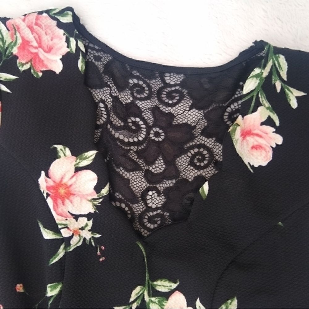 3 Pink Hearts xs black and floral dress spring mini dress summer vneck lace back - Picture 5 of 8